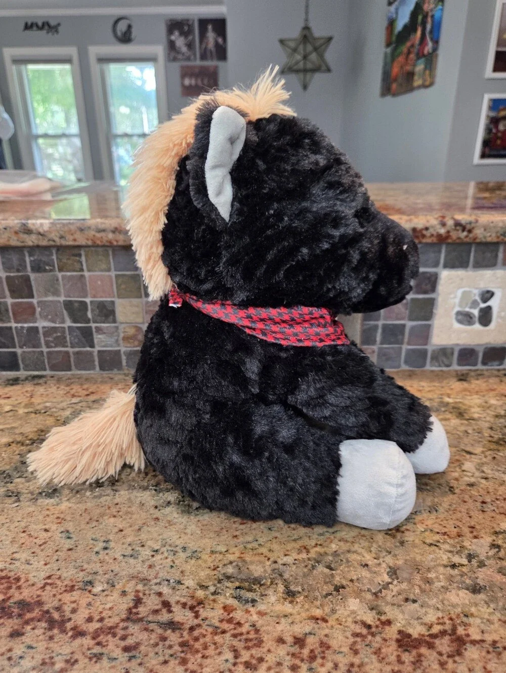 Red Shed Home & Gifts Horse Pony Plush, Small Black/Tan, Red Bandana Seated